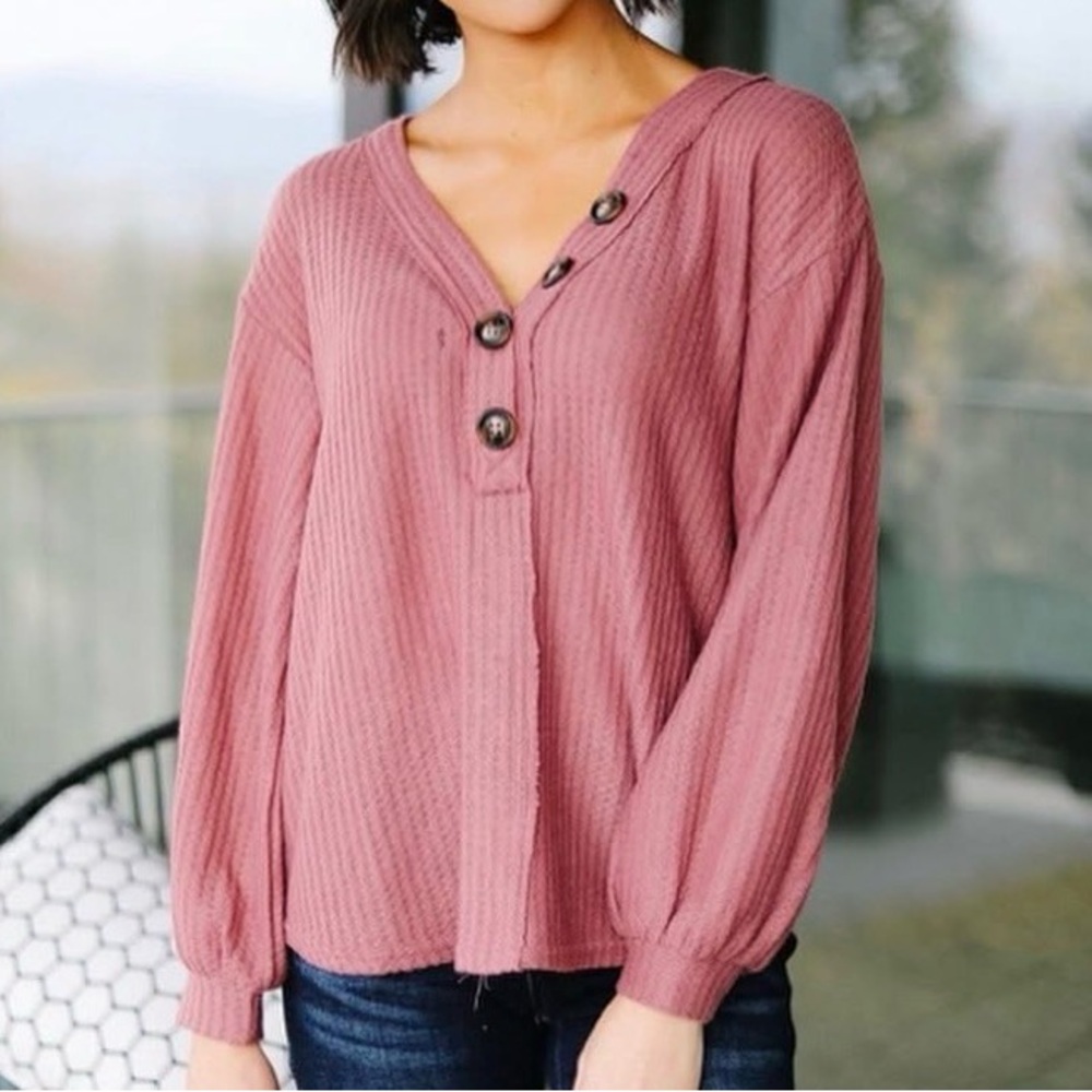Mauve Pink Henley Waffle-knit Blouse Top Shirt 2X Volup Plus Long Sleeve